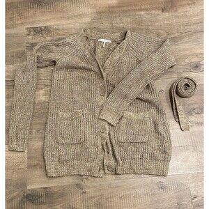 French Connection Women's Camel Heather Knit Cardigan Sweater S, Pockets, Belt